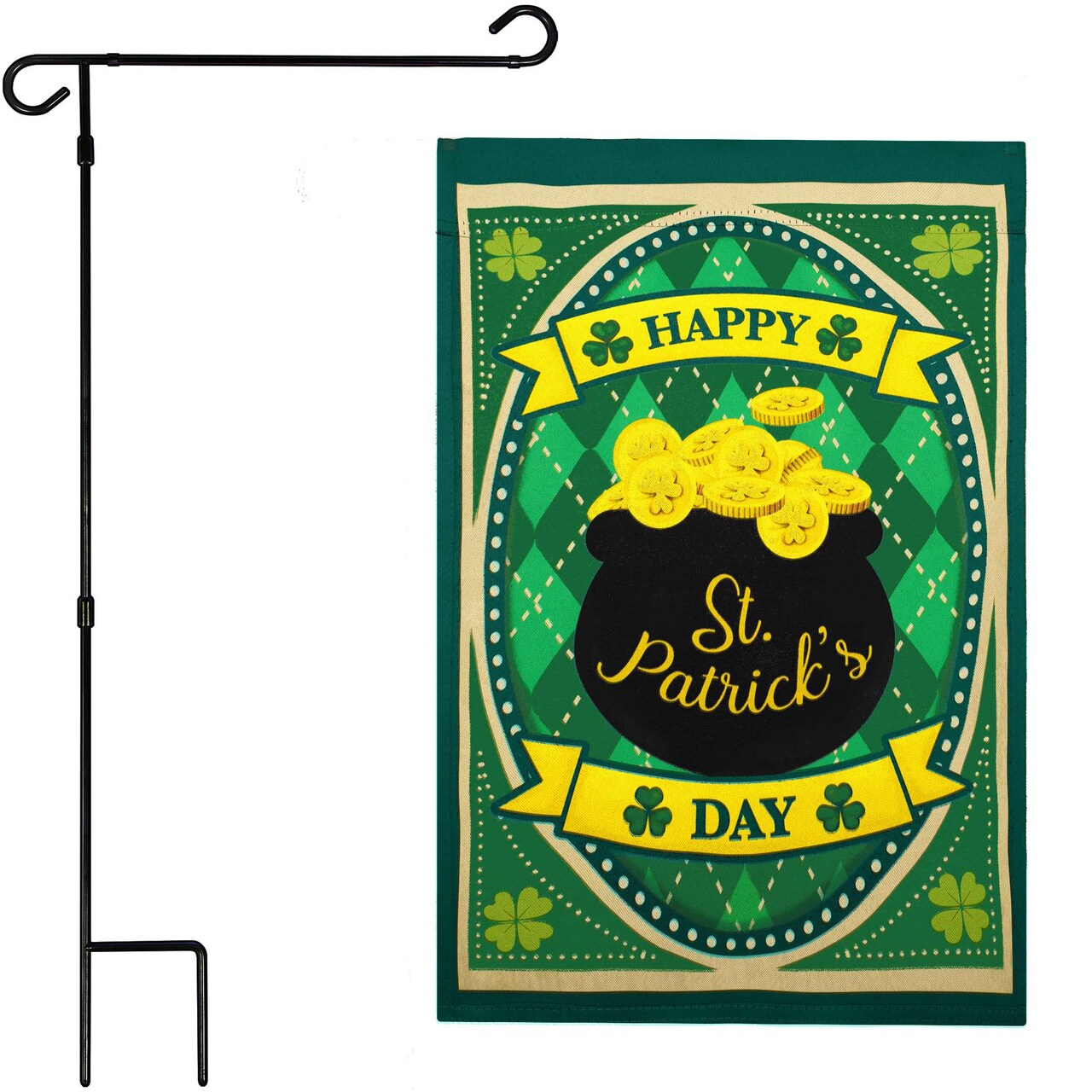 G128 Combo Pack: Garden Flag Stand 36x16IN & Garden Flag Happy St. Patrick's Day Pot Gold Printed 12x18IN Double Sided